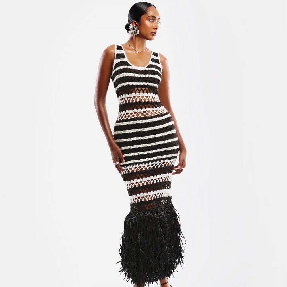 Hanifa Black and White Striped Knit Midi Dress with Feather Hem